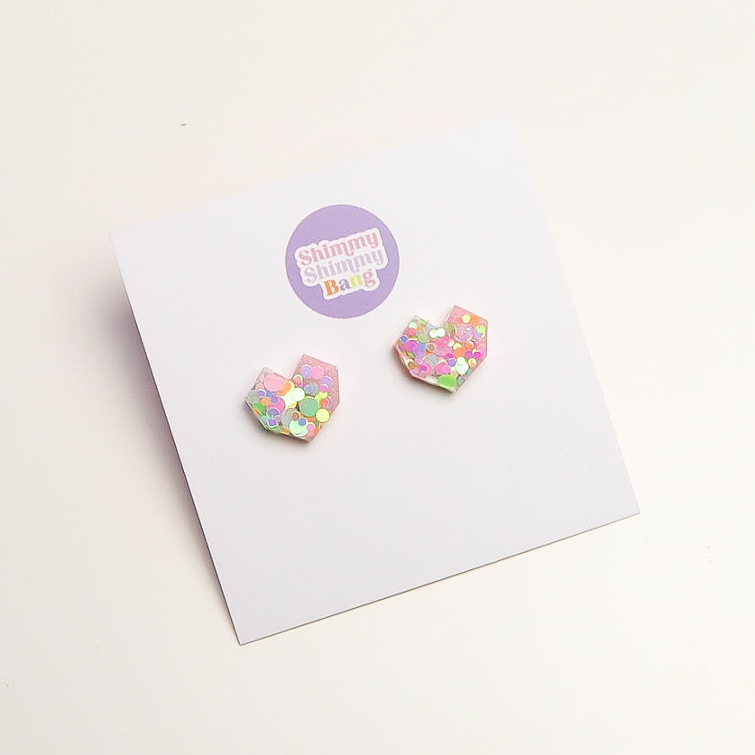 Kimberly Glitter Geo Heart Studs - Medium